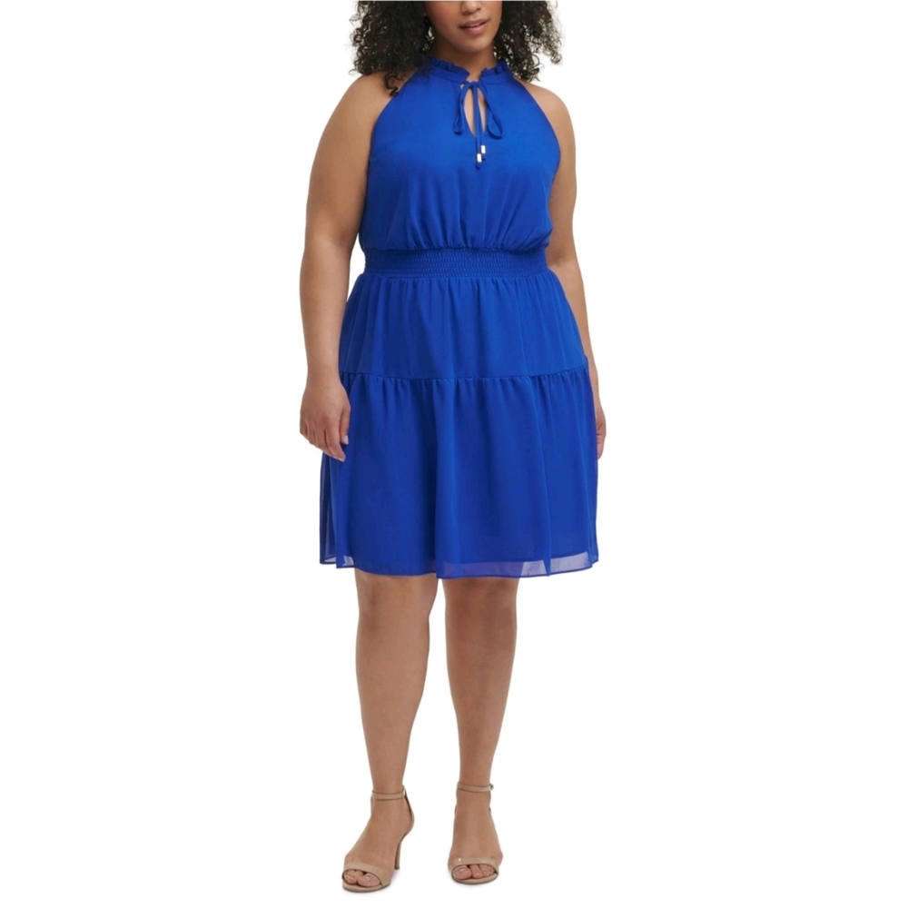 Plus Size Halter Tiered Mini Dress - Royal Blue